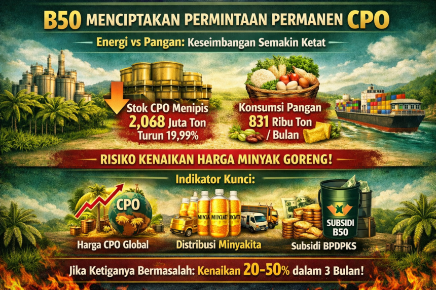 Infographic about B50 CPO demand and the tighter energy-vs-food balance, with icons of refinery, groceries, and a ship.
