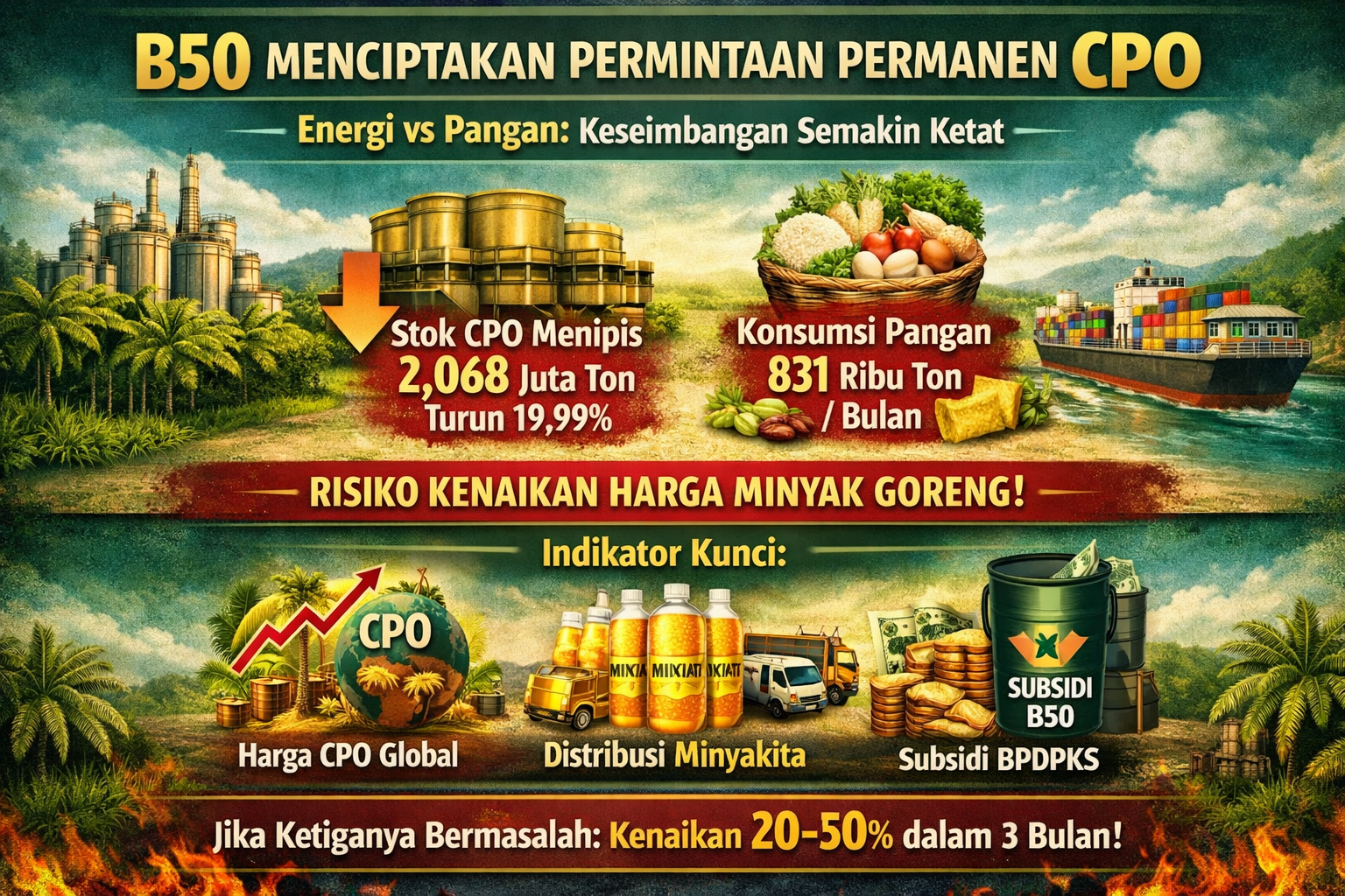 Infographic about B50 CPO demand and the tighter energy-vs-food balance, with icons of refinery, groceries, and a ship.