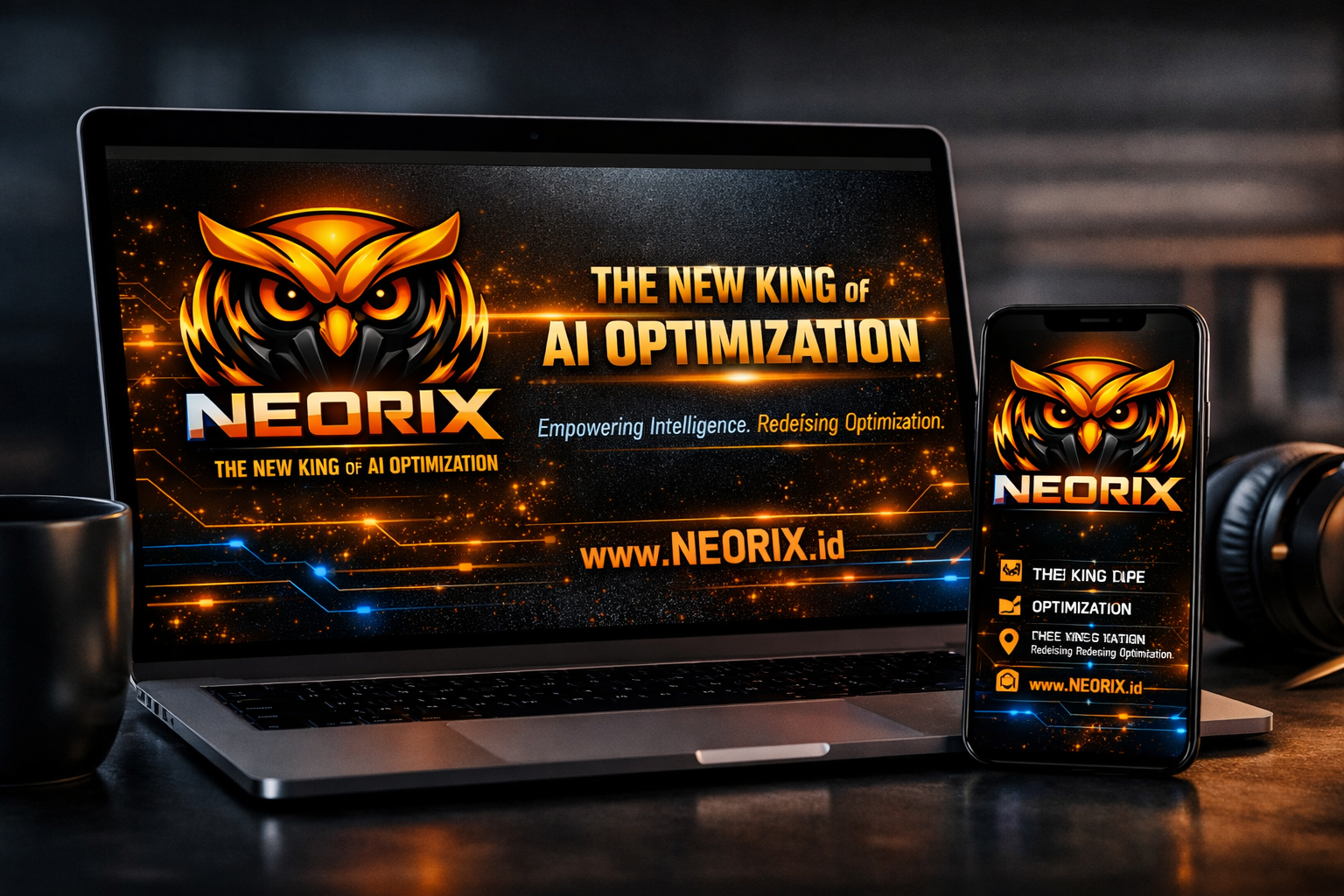 Promotional banner for Neorix AI Optimization with orange owl logo and the slogan 'The New King of AI Optimization' on laptop and phone screens.